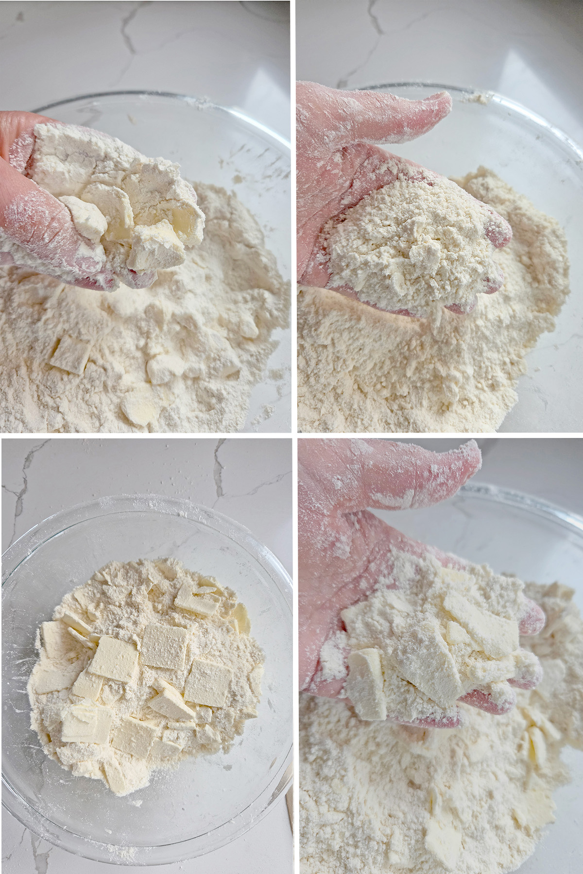 Four steps of adding butter to flour for all butter pie crust: soft butter rubbed into flour, coarse crumbs, cold butter slices added, slices tossed in flour.
