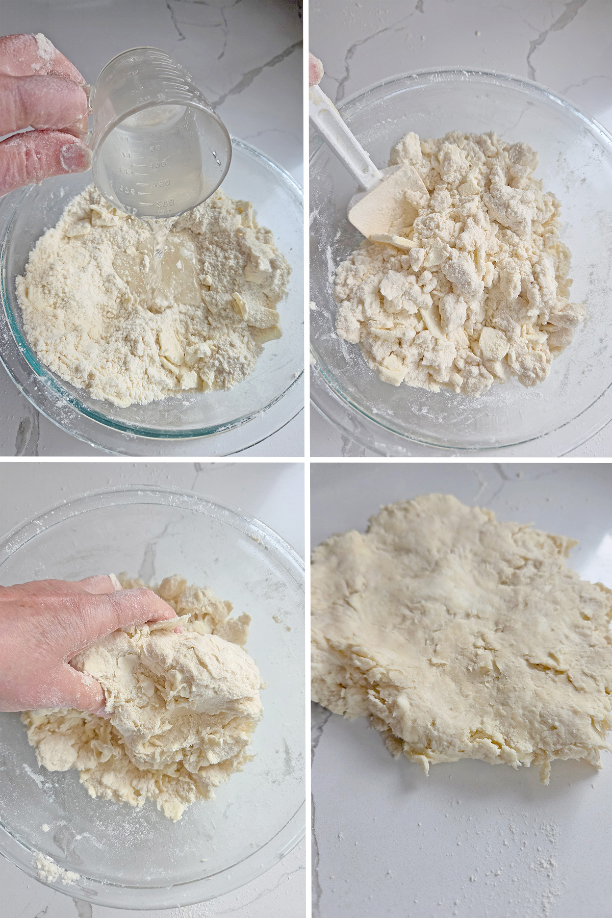 Ice water poured into the flour and butter mixture, tossed with a spatula into shaggy dough, pressed together by hand, then patted flat on the counter.