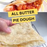 A slice of lattice-top cherry pie and a close-up of flaky layers in a baked all butter pie crust.