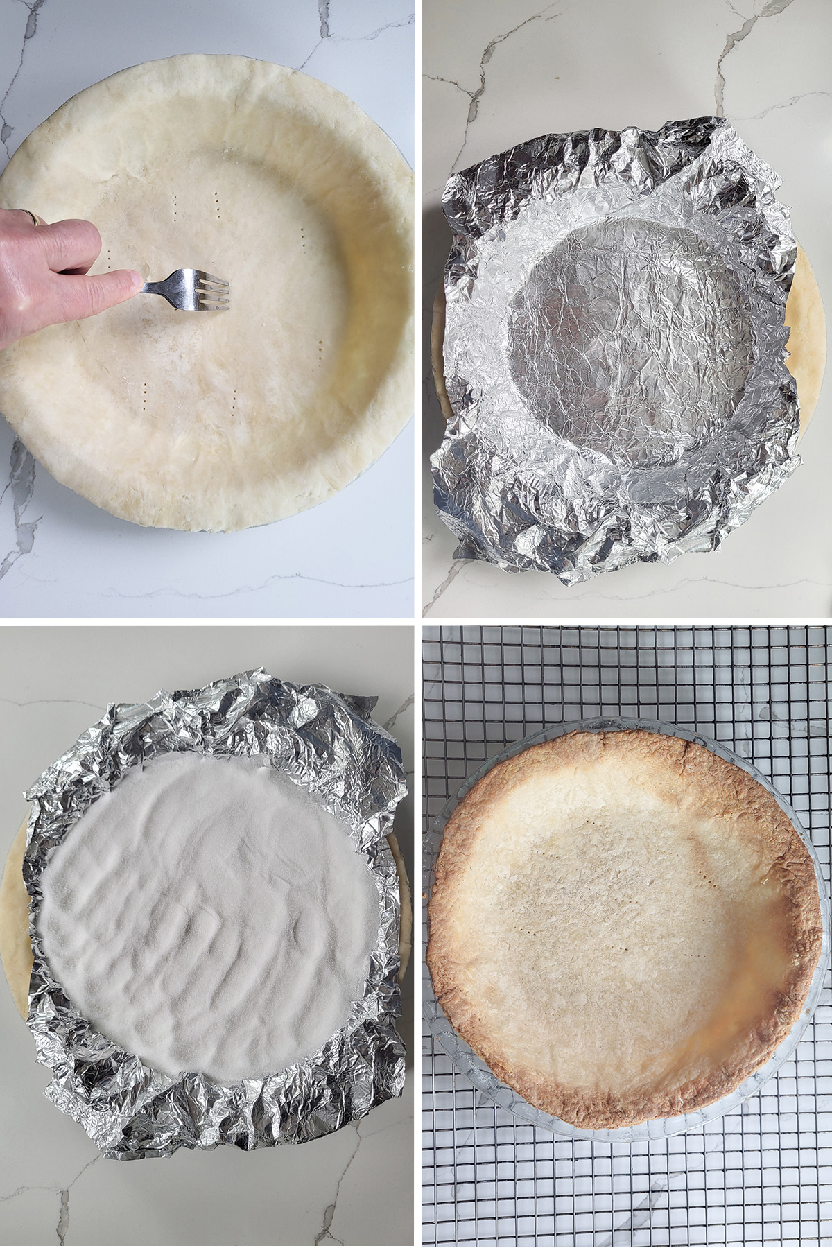 Four steps for par-baking a pie crust: pricking the bottom of an unbaked crust in a glass pie dish with a fork, lining the crust with aluminum foil, filling the foil with granulated sugar as a pie weight, and the par-baked crust, pale in the center and golden at the edges, cooling on a wire rack.