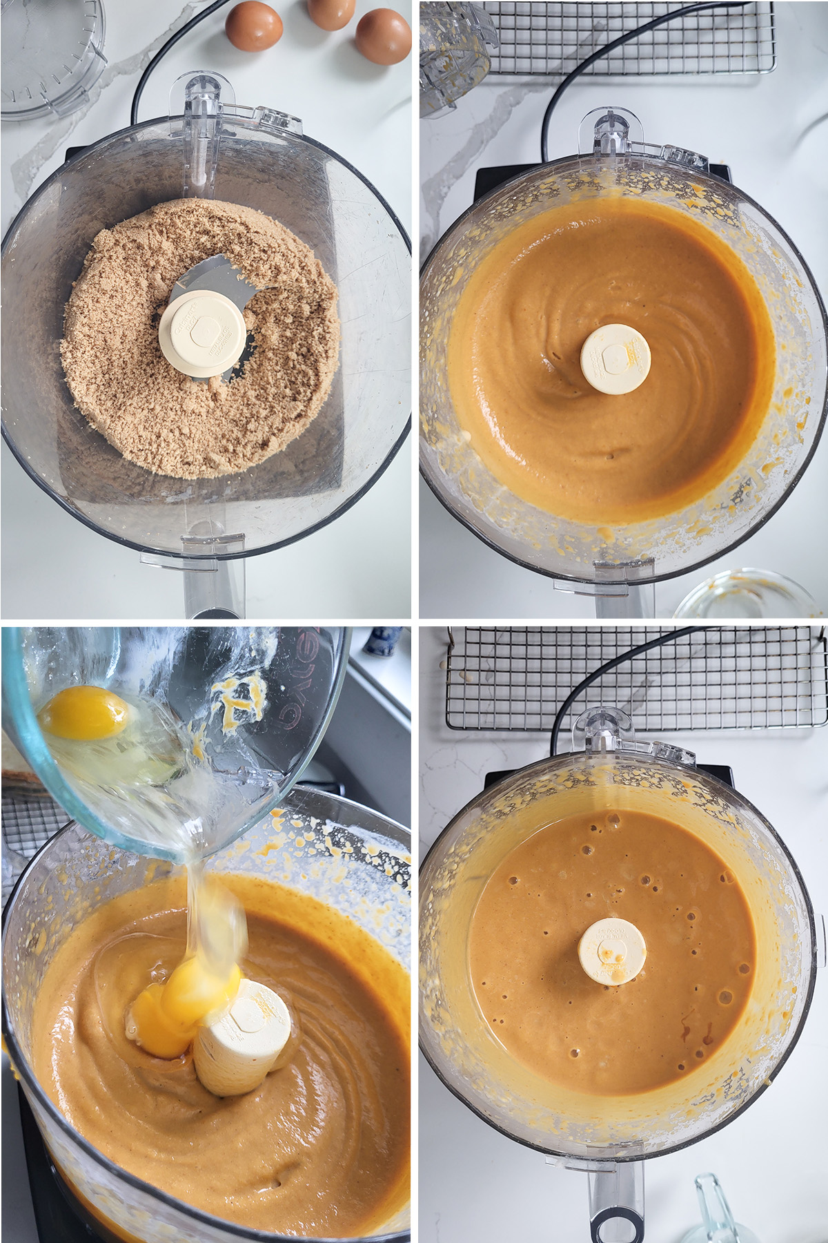 Four steps for making pumpkin pie filling in a food processor: brown sugar and spices pulsed together, the smooth pumpkin mixture after adding the pumpkin, milk, cream and vanilla, eggs being poured into the mixture, and the finished, fully blended custard filling.