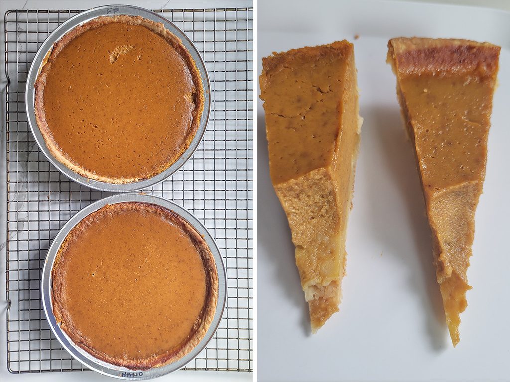 two pumpkin pies on a cooling rack. Two slices of pumpkin pie on a white plate.
